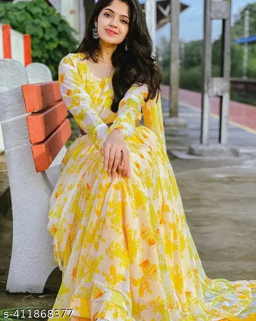 Yellow Georgette long-sleeved gown with printed floral combo, Indian made