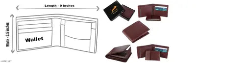 Brown two-fold leather men's wallet, solid pattern, 2 compartments, free size (11cm x 5cm), trendy accessory from India