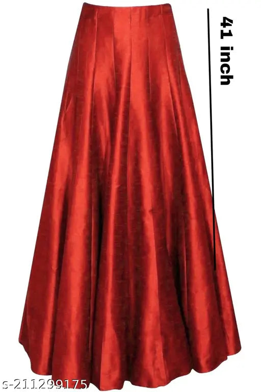Red silk midi skirt with long train, knee length