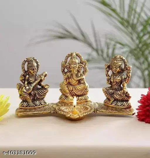 Metal Ganesh Laxmi Saraswati idol with diya decorative showpiece, intricately crafted Indian artistry, measuring 20cm x 15cm x 10cm