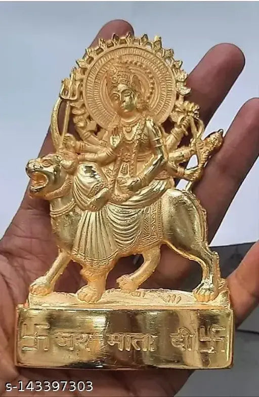 Gold-plated Durga Idol 1, intricate metal Hindu goddess statue for Navaratri special, 5cm long, 10cm high, 5.5cm broad