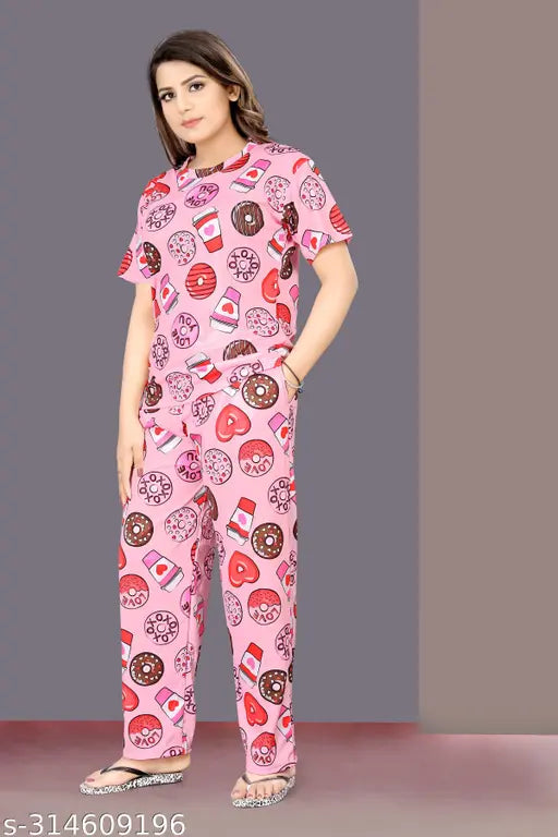 Premium quality women's pyjama set, printed net top & bottom in polycotton, pack of 2 (S-XXL)