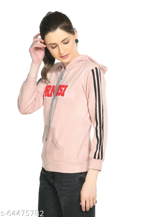 Peach polyester Aphrodite full sleeves printed soft casual hoodie for women on hanger