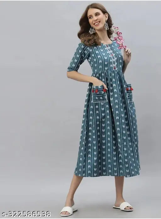 Blue Rayon three-quarter sleeve printed net pocket for ladies partywear, Indian origin