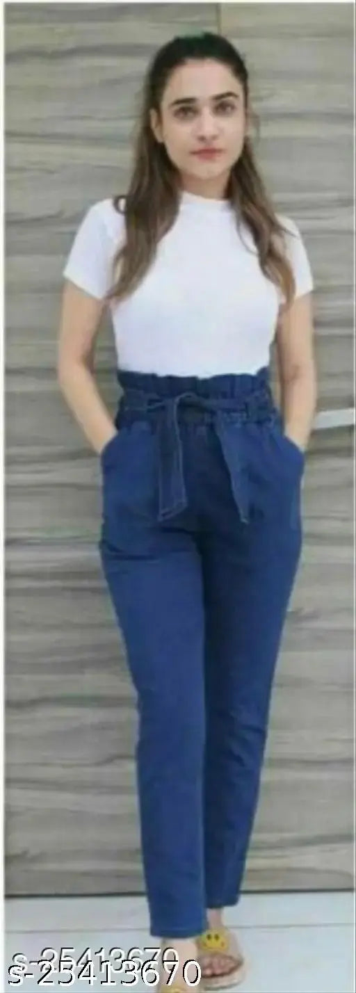 Women's denim trousers with front pocket and drawstring waist