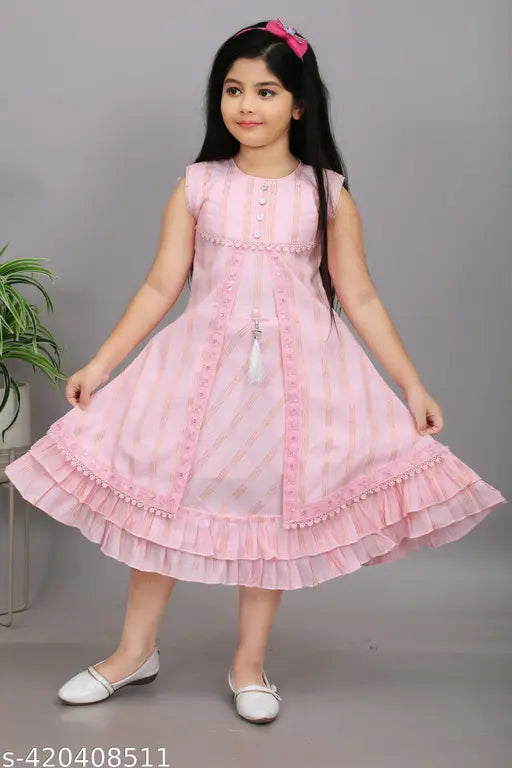 Pink cotton knee-high party dress with ruffles, short sleeves