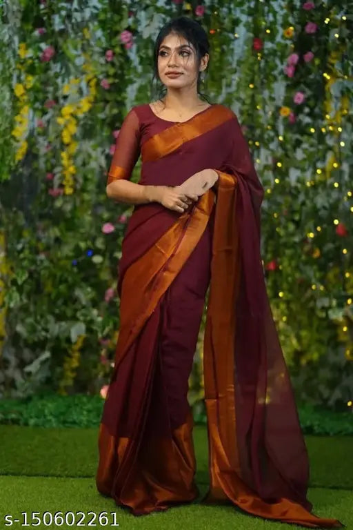 Maroon Chiffon Viscos Gold Patta Saree with captivating copper zari border and delicate tassels on pallu, handloom from India