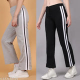 Cotton track pants for women - athletic fit, black and white stripes, pack of 2