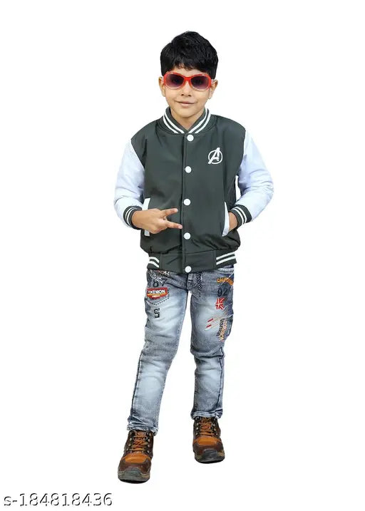 Black jacket with hood, white stripes, denim trim