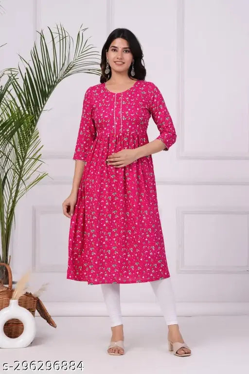 Rayon gathered Anarkali Kurta, printed combo, three-quarter sleeves, premium rayon quality, floral print with lace work, Indian ethnic wear for women