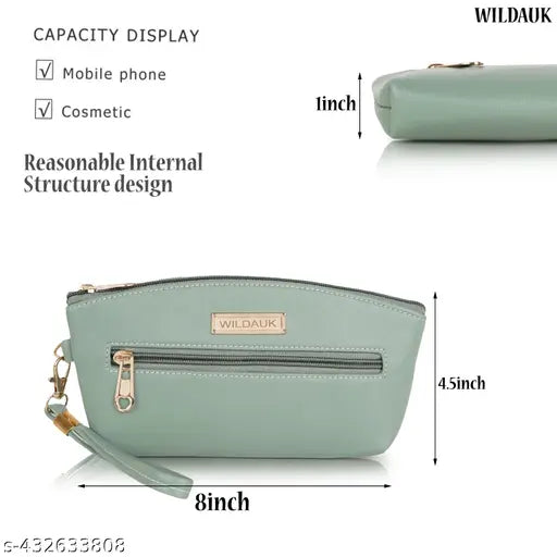 Sea green clutch with zip closure, 6 inch height