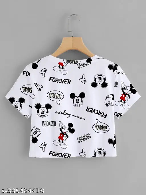 Printed Mickey Mouse crop t-shirt for girls, lycra fabric with short sleeves and round neck, size S, M, L, XL