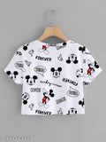 Printed Mickey Mouse crop t-shirt for girls, lycra fabric with short sleeves and round neck, size S, M, L, XL
