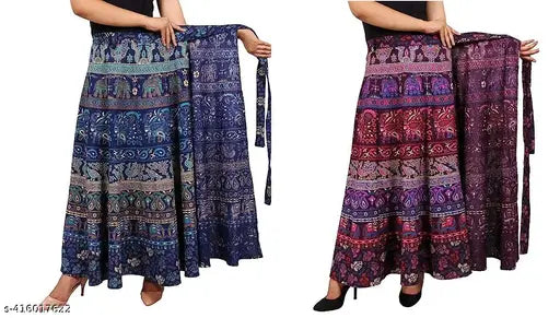 Blue and purple Jaipuri print cotton long wrap skirt for women, vibrant Gujarati-style maxi dress in free size