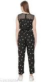Stylish printed net poly crepe jumpsuit, sleeveless and available in sizes S, M, L, XL