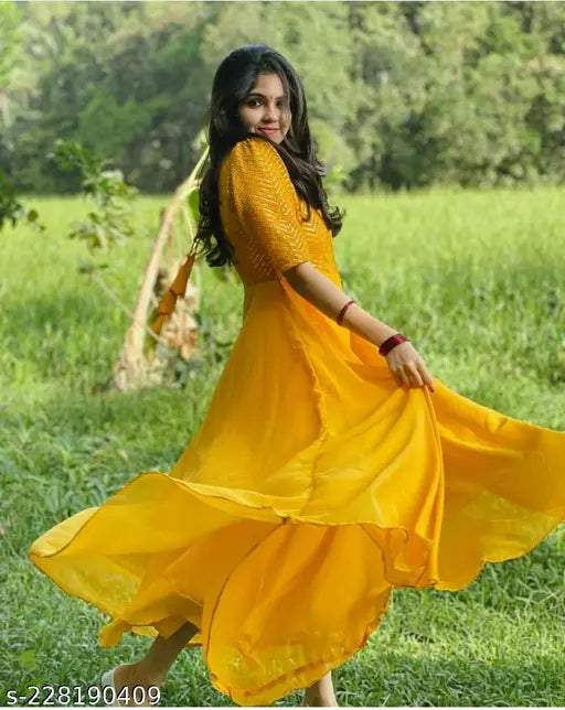 Yellow Georgette work gown, solid pattern for women's fashion, size S-XXXL on model