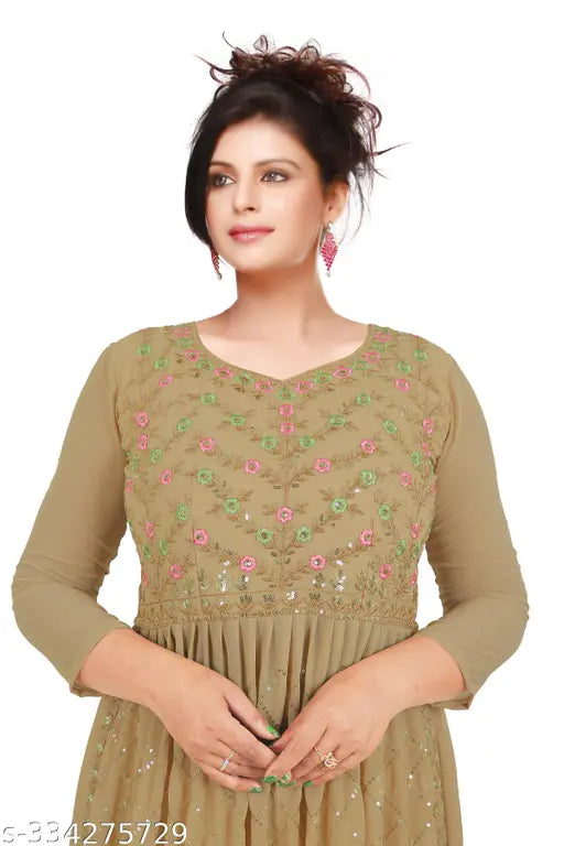 Georgette embroidered kurti set with palazzos and dupatta, three-quarter sleeves, printed pattern, single size options M, L, XL, XXL from India