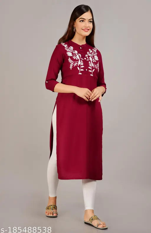 Rayon embroidered straight Kurtis, three-quarter sleeves, Indian fashion