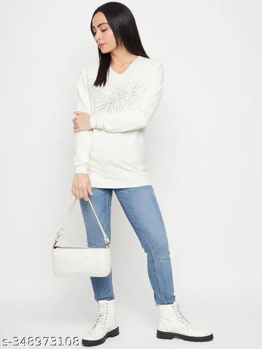 Woolen V-neck sweater, full sleeve stone print for women, versatile winter wear in free size