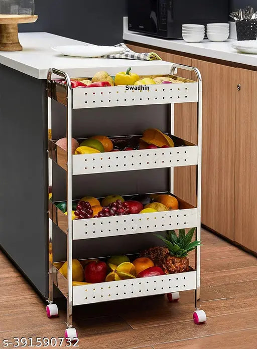 Stainless steel perforated four-tier portable kitchen trolley with onion storage. Modern design for kitchen organization, containing fruits and vegetables
