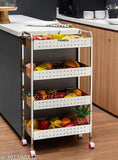 Stainless steel perforated four-tier portable kitchen trolley with onion storage. Modern design for kitchen organization, containing fruits and vegetables