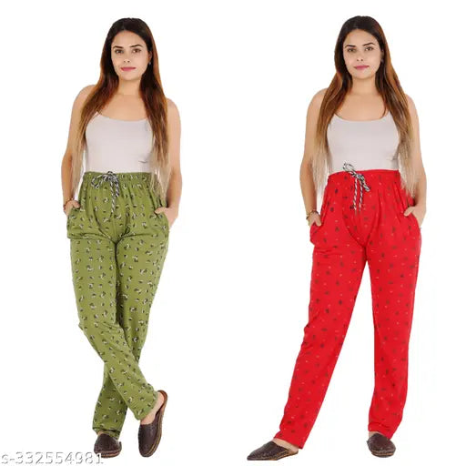 Womens cotton lower track pyjama, side pockets and zip closure, available in three colors: olive green, mustard yellow, and ruby red