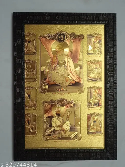 Gold foil 10 Sikh Gurus photo frame, synthetic resin, 9x12 inches, Indian artwork