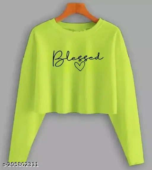 Green printed long sleeved women's crop top, trendy cotton t-shirt from India