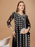 Black embroidered designer kameez dress with flared sleeves and embellished detailing