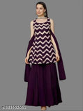 The image displays a traditional Indian outfit consisting of a kurta, sharara, and dupatta. The outfit is predominantly purple with white chevron patterns on the kurta and sharara, and is adorned with heavy embroidery. It is designed for women, as suggested by the style of the garments. The fabric appears to be a lightweight material suitable for wearing during various celebrations or formal events