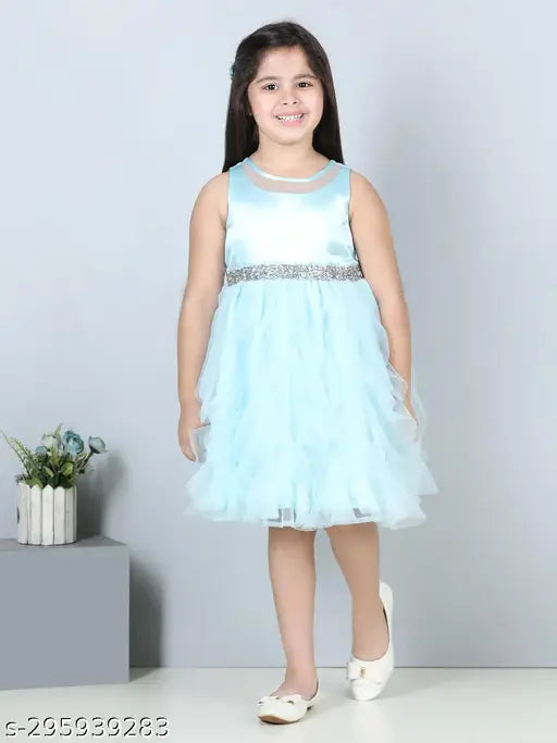 Sky blue knee-length net dress for girls aged 1-2 or 2-3 years, solid pattern from India