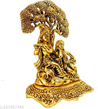 Golden black aluminum Radha Krishna idol, 18cm sitting under tree home decor showpiece for tabletop
