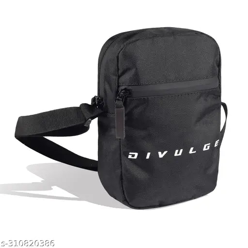 Black sling bag with white strap and logo, adjustable shoulder bag with zip pockets