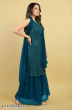 Georgette embroidered sharara set with dupatta. Blue and white, sleeveless, embellished with intricate designs