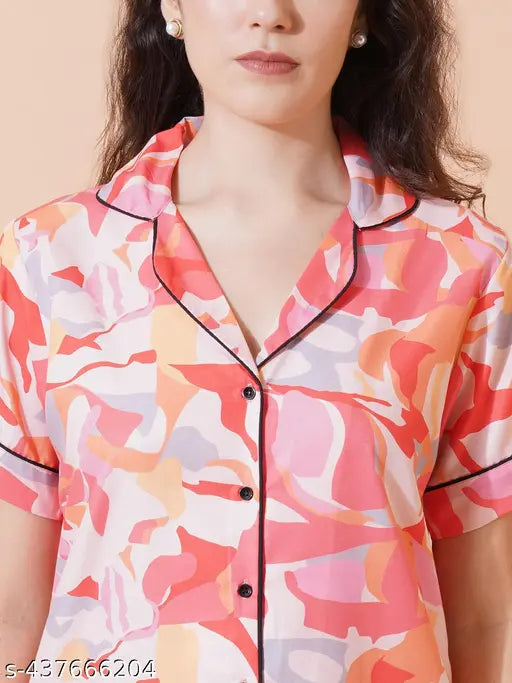 Fbella women's cotton blend abstract printed night suit set, ethnic patterned sleepwear with lapel collar and pockets, India origin