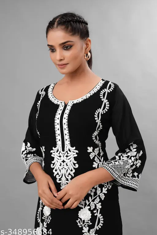 Floral embroidered Georgette salwar suit set, new designer heavy embroidery work on white pent and full sleeve stitched top. Indian women's fashion with three-quarter sleeves, sizes XS to XXL