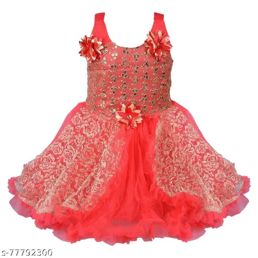 Silver and red embellished baby girl's frock dress