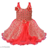 Silver and red embellished baby girl's frock dress