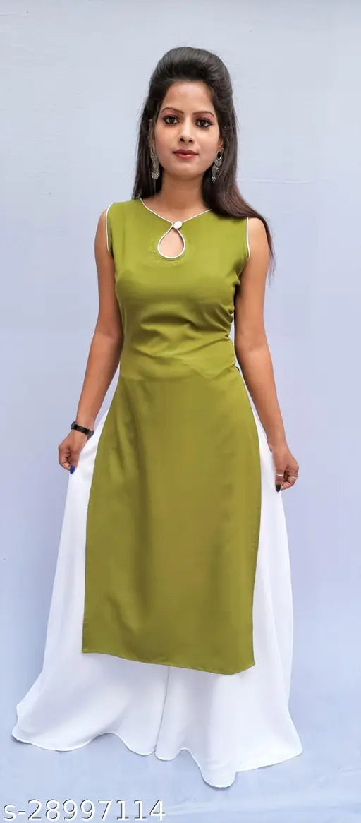 Green crepe sleeveless kurti with white palazzos, trending women's clothing, India-made daily wear