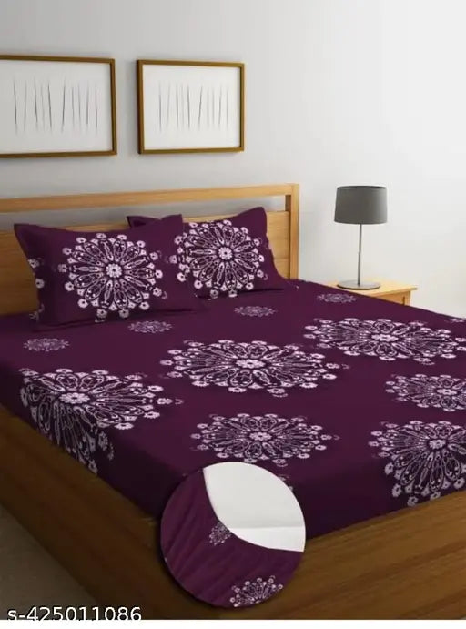 Glace cotton, premium fitted king-size bedsheets with elastic, double bed (72x78+10 inches), floral print, 2 pillow covers, ideal for summer and lightweight washing