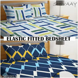 Blue strip elastic cotton king bedsheet set with 4 pillow covers, geometric geared for summer. Fitted sheets measure 78x72 inches, pillow covers 18x28 cms. Easy to wash and fits heavy mattresses. Made in India
