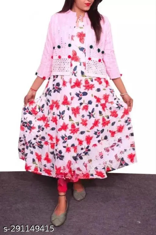 Rayon Kashvi pink kurti and jacket, printed combo for women's sizes S-XXXL, fashionable Indian attire with sleeveless jacket on display