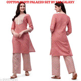 Printed cotton kurta set with palazzo by Fab Galaxy, featuring gota patti design and elasticated waist. Indian fashion for women in three-quarter sleeves. Single size available