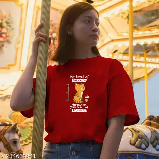Red oversized graphic T-shirt with sarcasm print