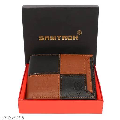 Tan & black artificial leather men's square design slider wallet with RFID blocking, check pattern, free size (11cm x 9cm)