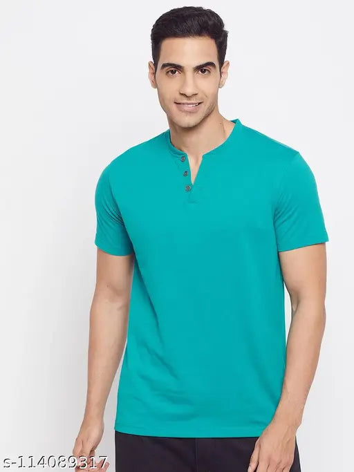 Men's cotton blend short sleeve solid Henley T-shirt, great for casual wear, size M (39in chest, 27in length), made in India