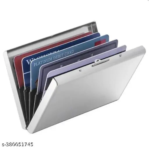 WaterResistant stainless steel RFID protected black metal debit/credit card holder. Solid, sleek, and portable with 6 card slots and slim design for business, travel, shopping, or daily use