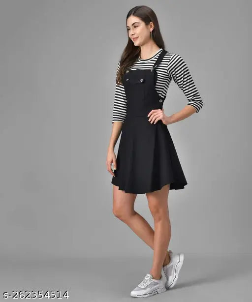 New shoot black cotton blend striped dungaree - three-quarter sleeves, Indian fashion