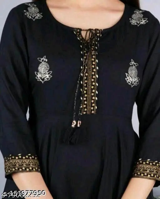 Royal black rayon three-quarter sleeve solid dress, Indian fashion for women on mannequin