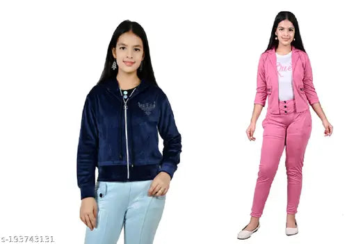 Kid's winter wear, girls, trendy, maroon sweatshirt with hoodie set, white t-shirt, pink jacket and pants combo pack